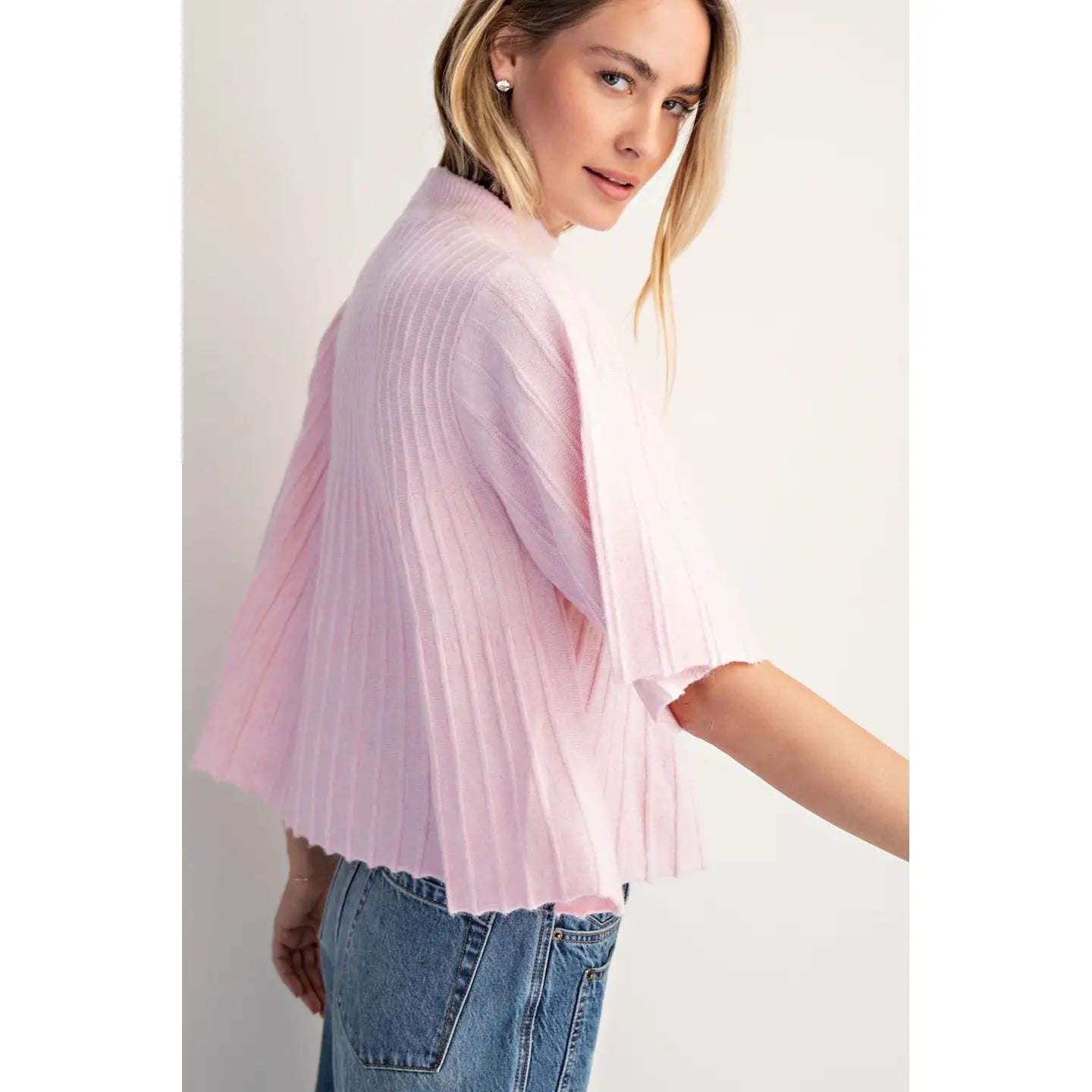 Short-Sleeve Mock-Neck Swing Sweater