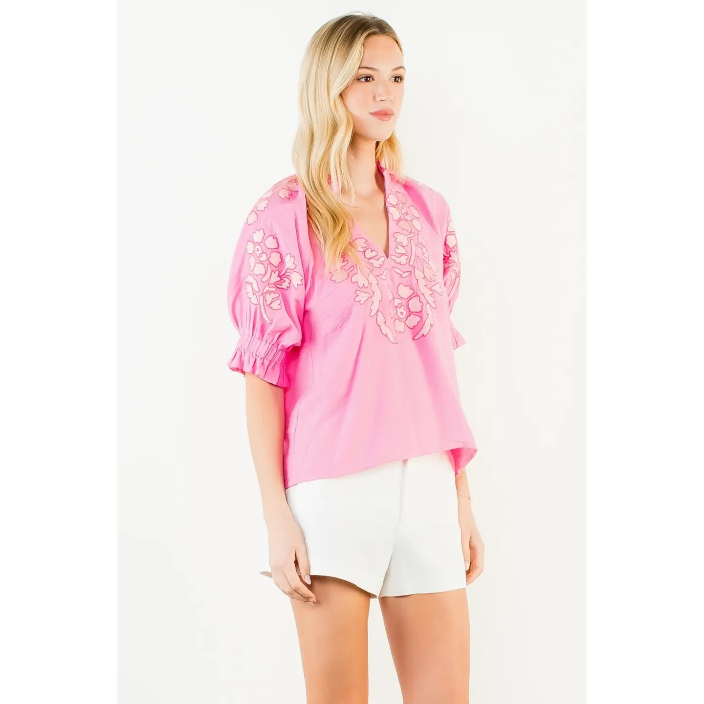 Puff Sleeve Floral Embroidery V-Neck Top