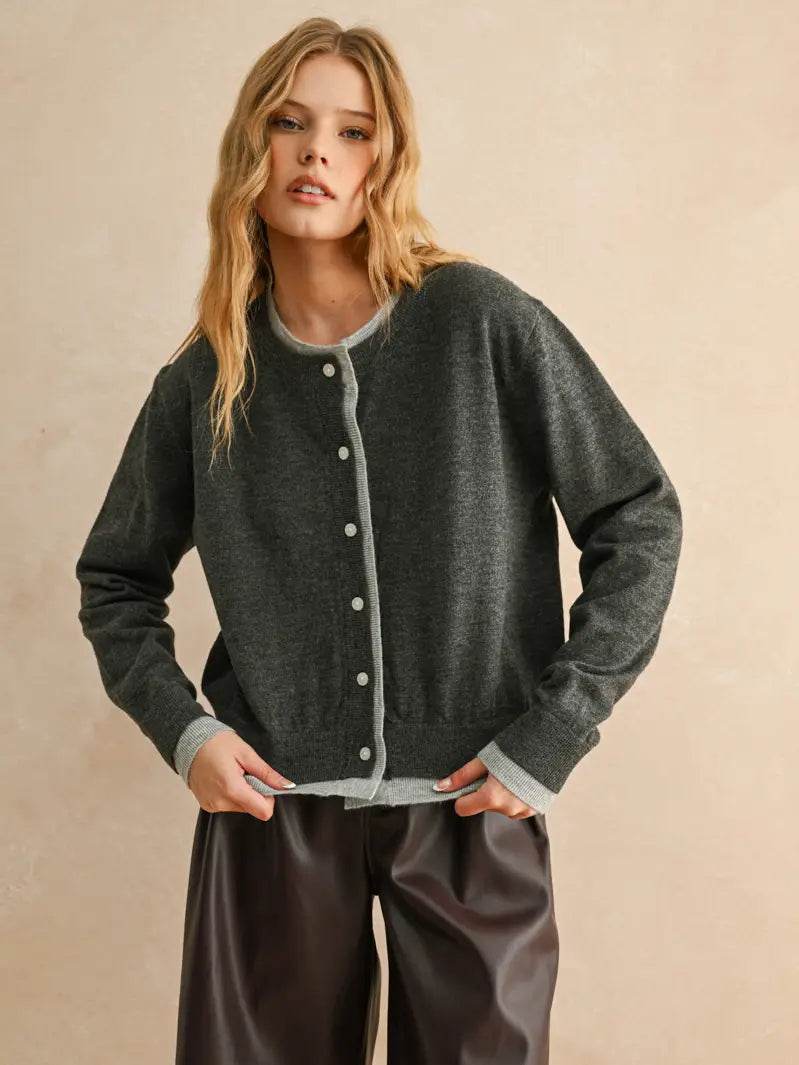 Black/Grey Contrast Button Front Cardigan