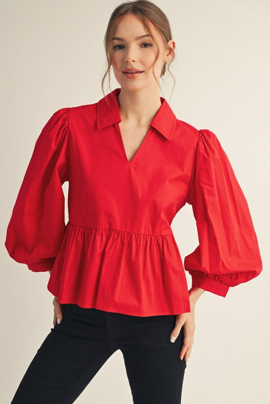 Balloon Sleeves Peplum Top Red