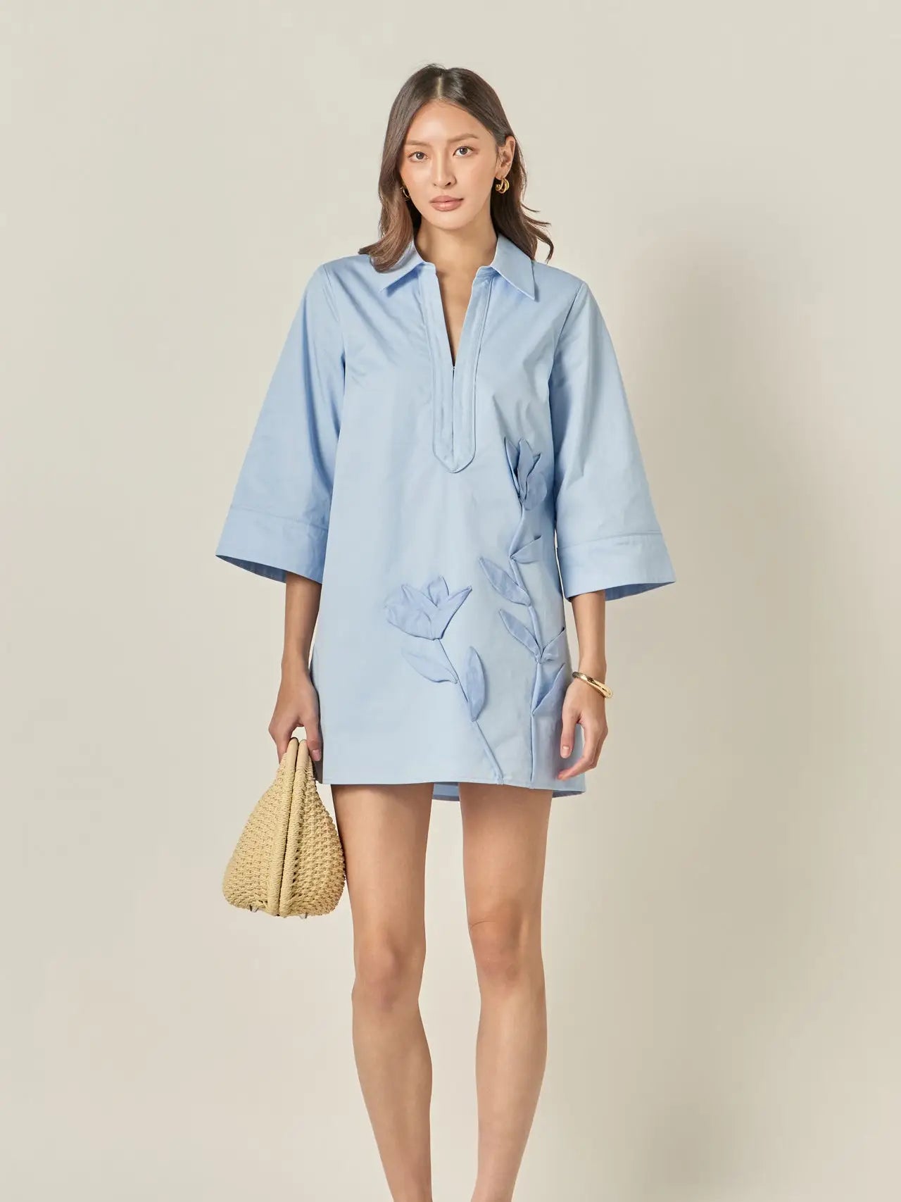Applique Mini Shirt Dress Powder Blue