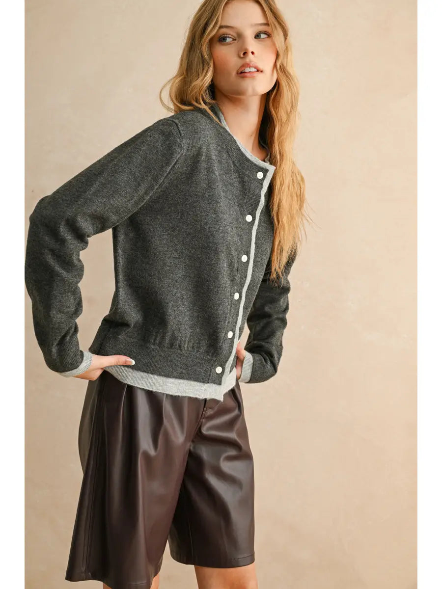 Black/Grey Contrast Button Front Cardigan