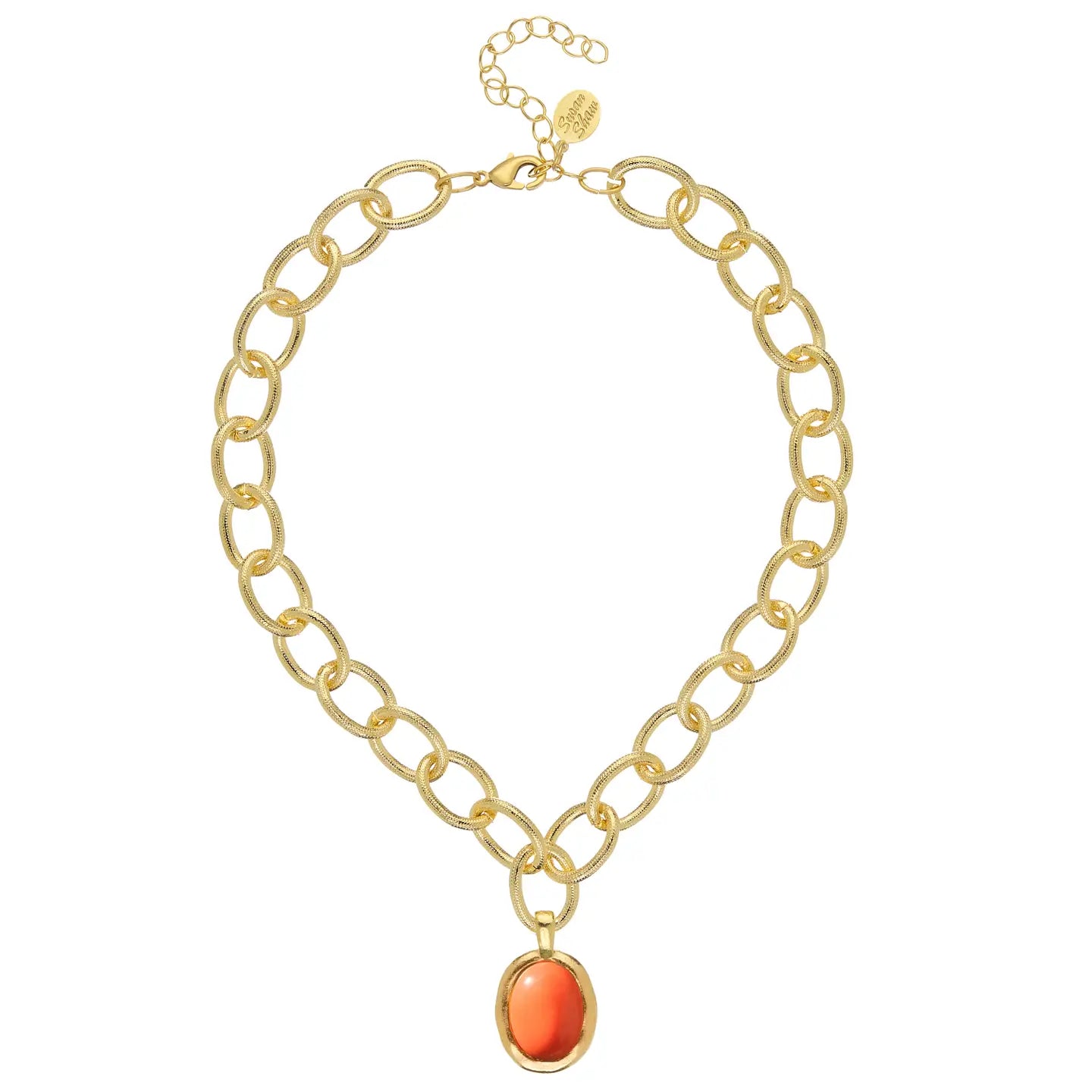 Pink Coral Cabochon Loop Chain Necklac