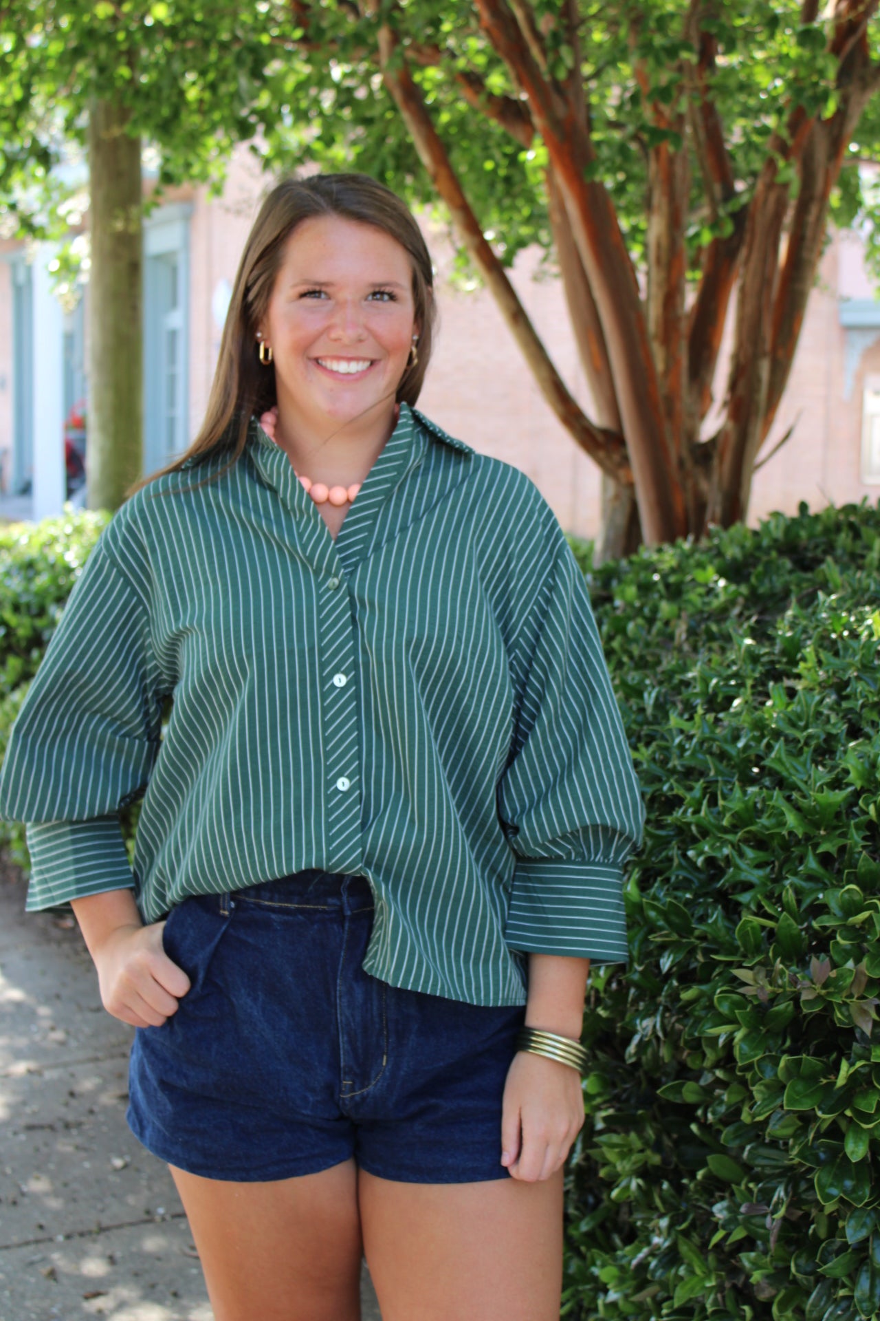 Green Stripe Button Front Top