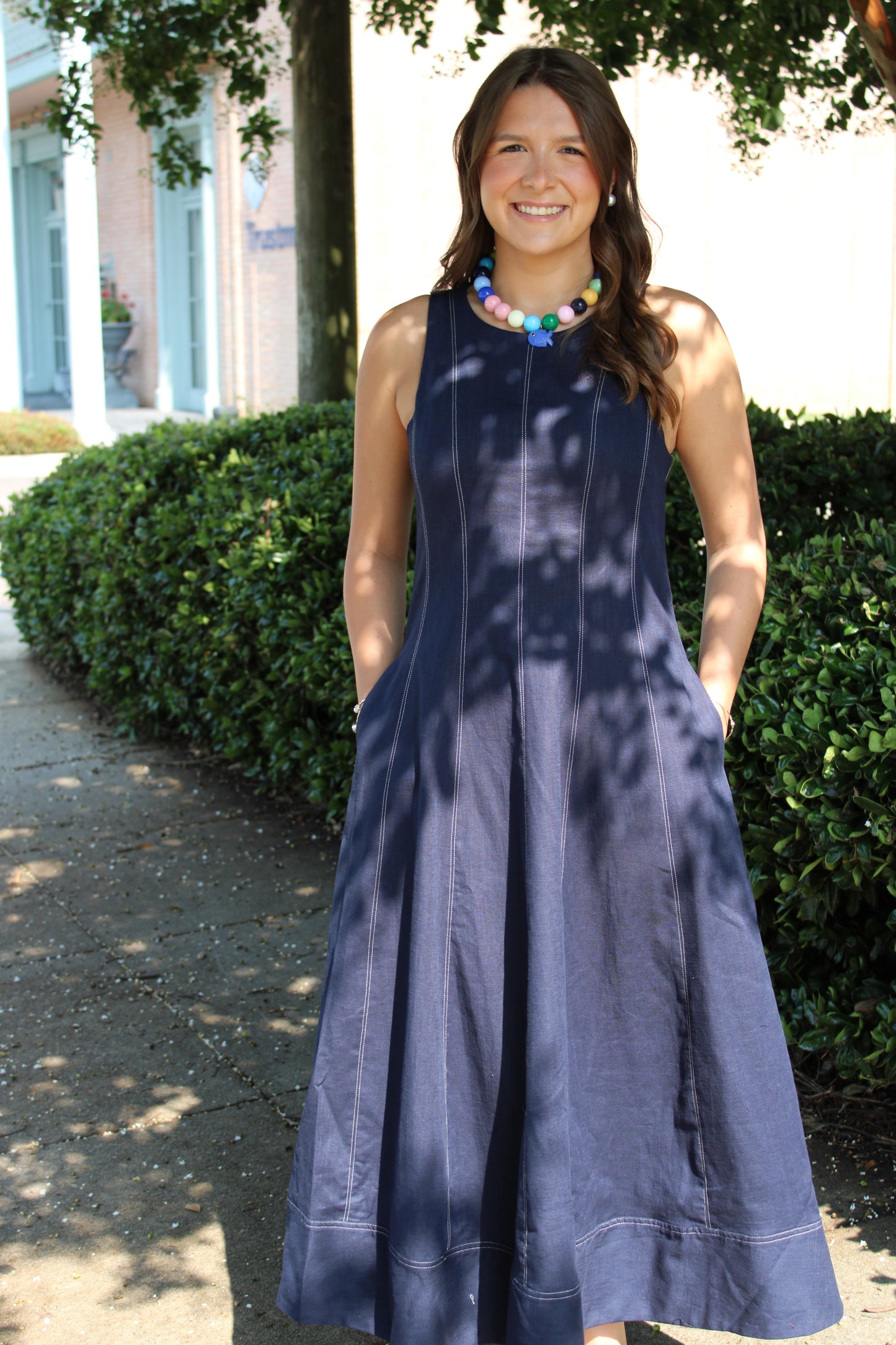 Navy Linen Stitch Detail Midi Dress