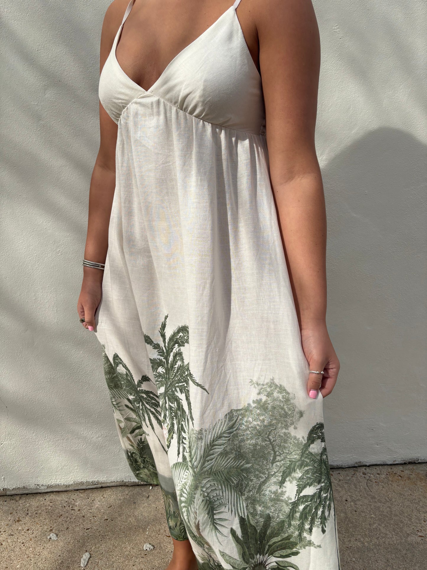 Tropical Palm Tree V-Neck Smocked Maxi Dress