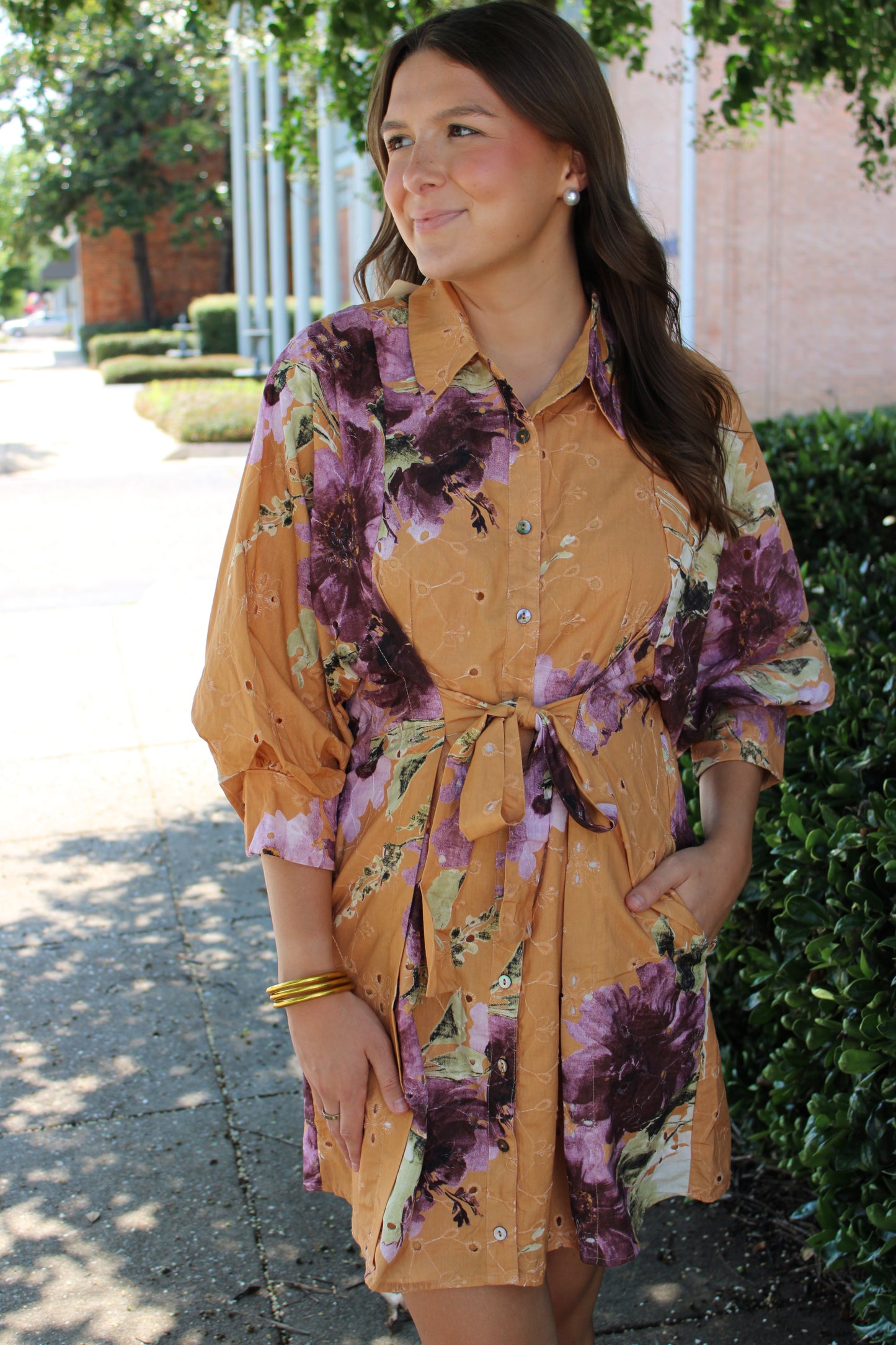 Pumpkin Print Tie Front Mini Dress