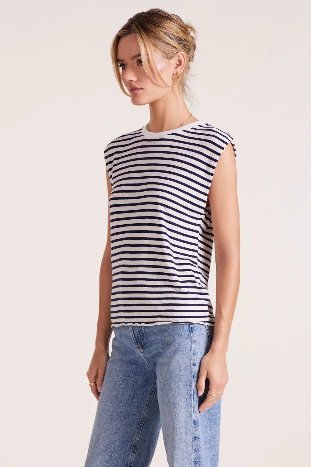 Sleeveless Crewneck Tee Navy Stripe