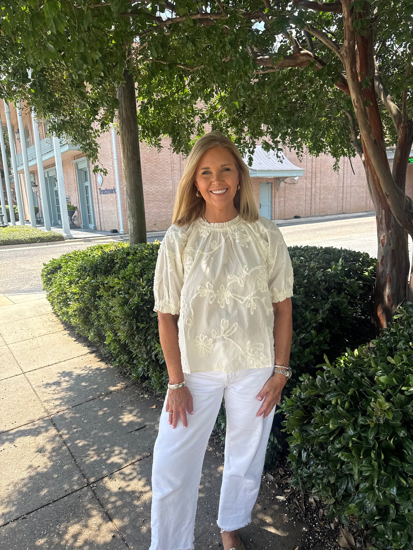 Puff Sleeve Textured Flower Top