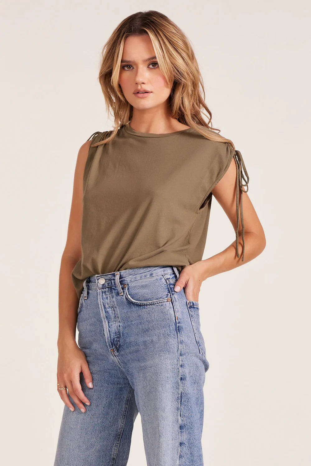 Drawstring Sleeve Crewneck Tee Pesto
