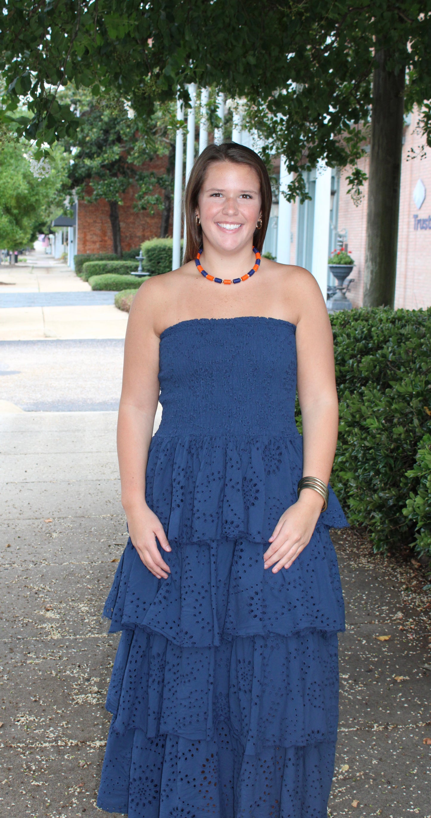 Eyelet Smock Tiered Maxi Dress Navy
