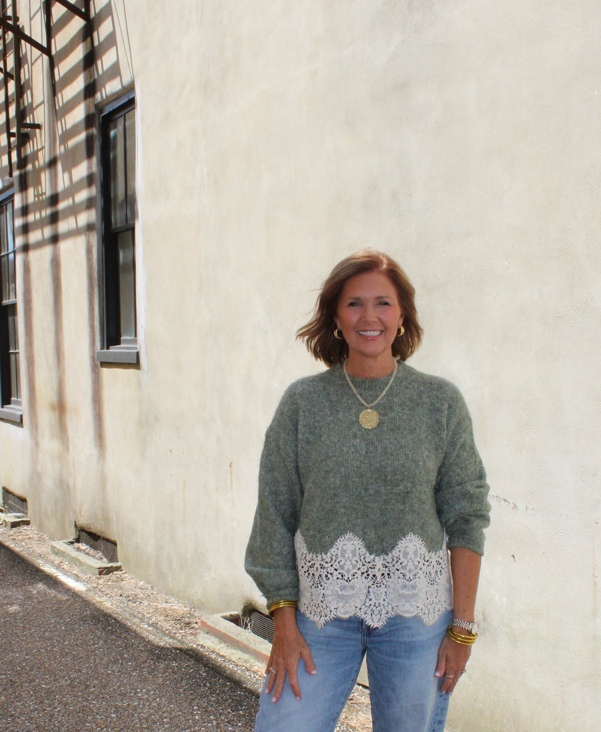 Green Sweater with Lace Detail