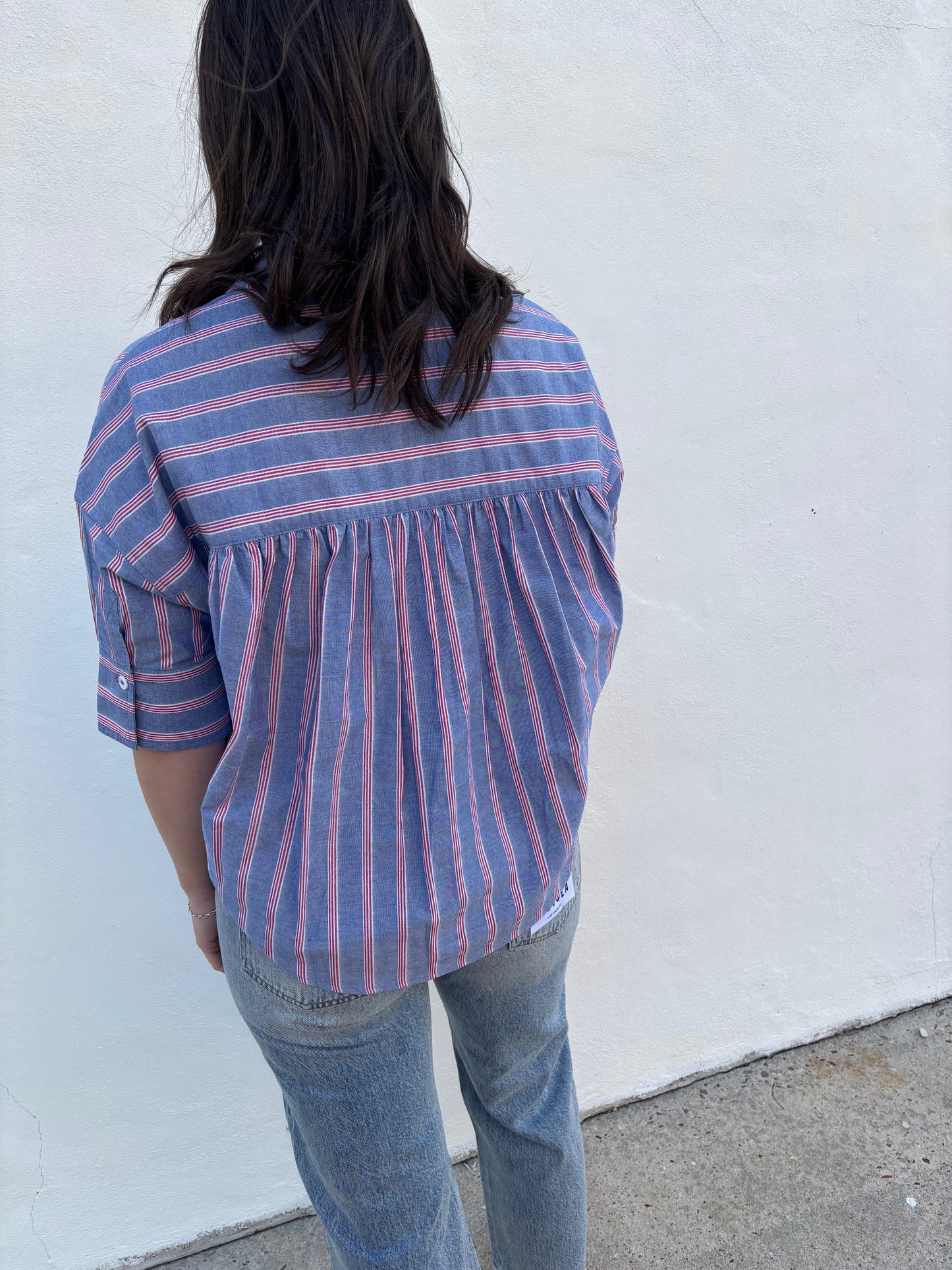 Blue Stripe Button Short Sleeve Top