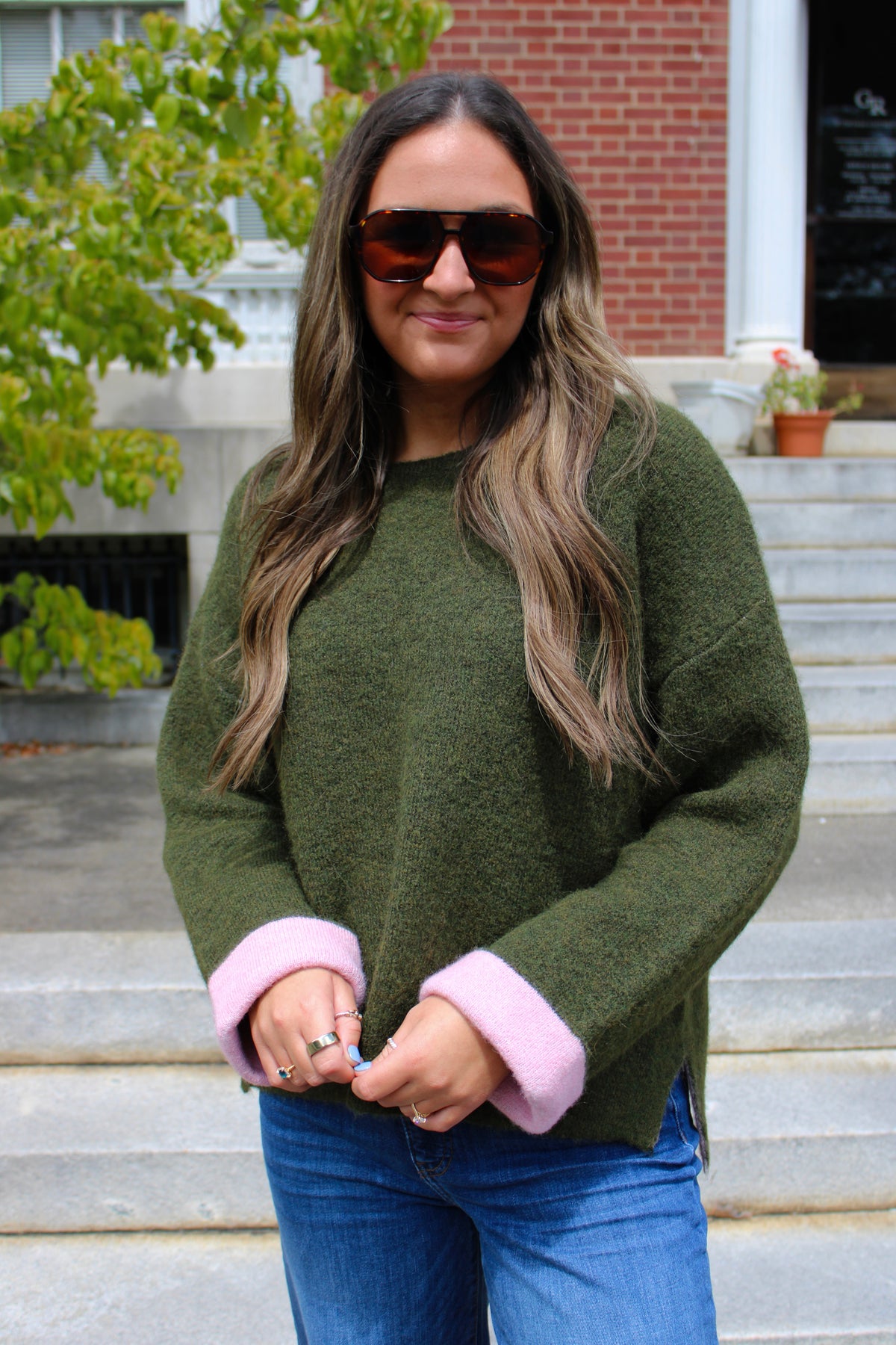 Olive Sweater with Pink
