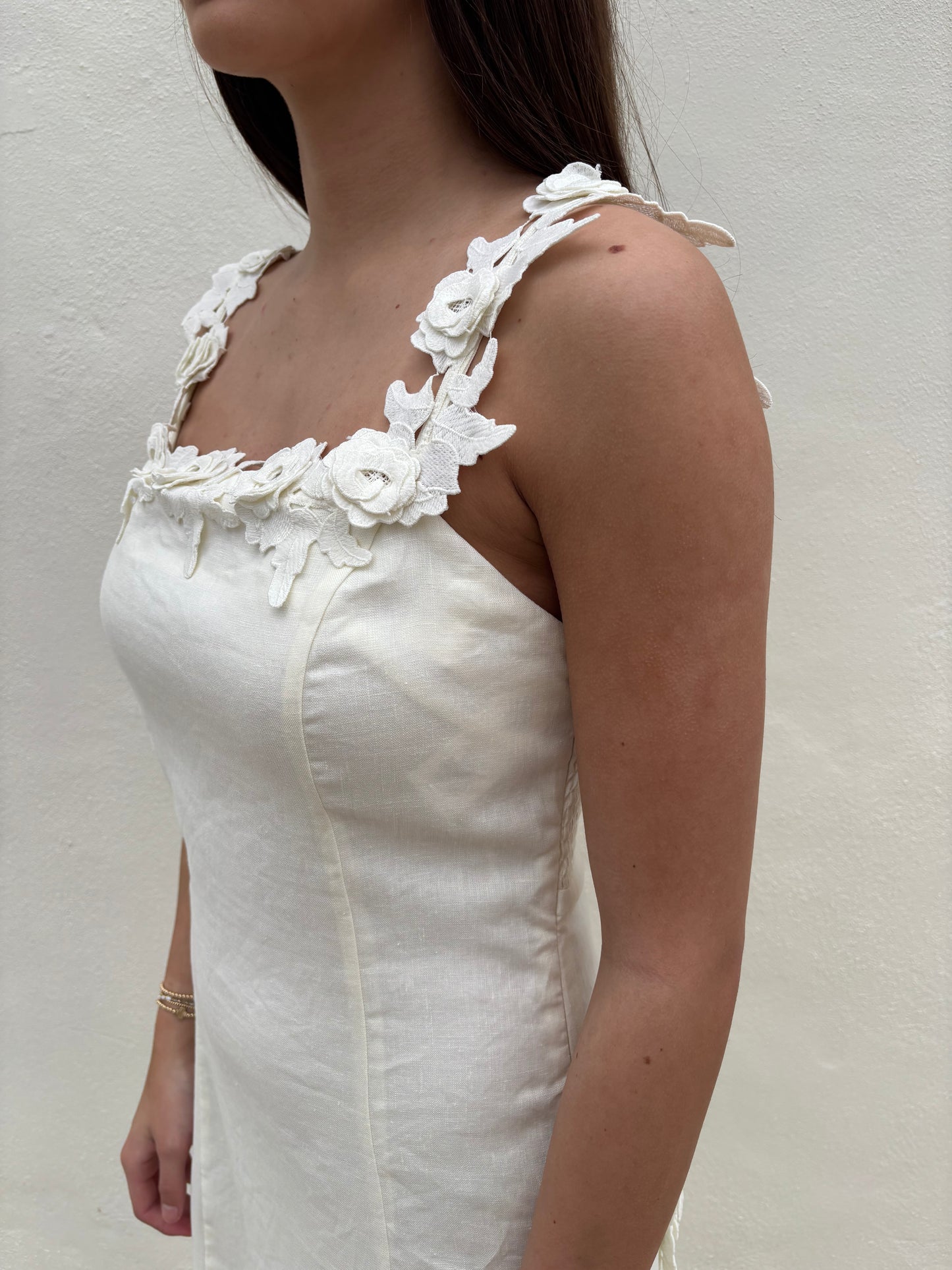 Floral Detail White Linen Maxi