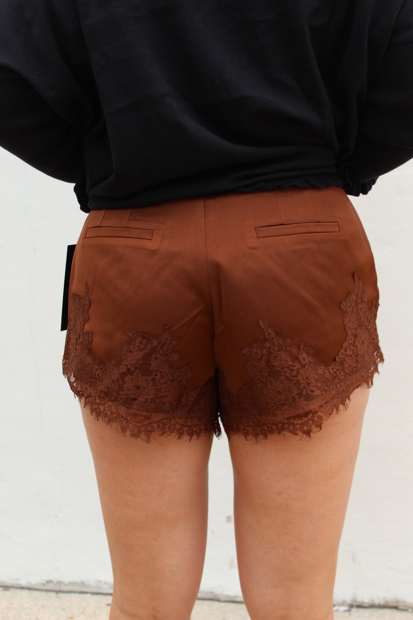 Brown Lace Trimmed Satin Shorts