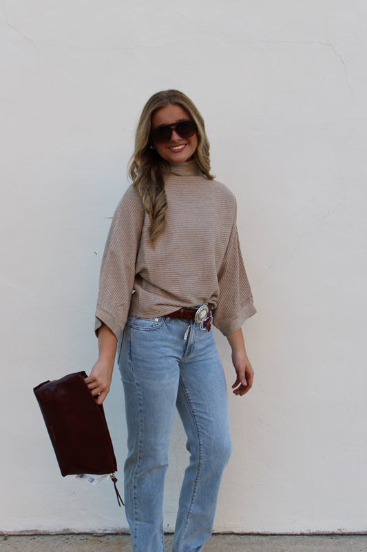 Taupe Mock Neck Ribbed Sweater