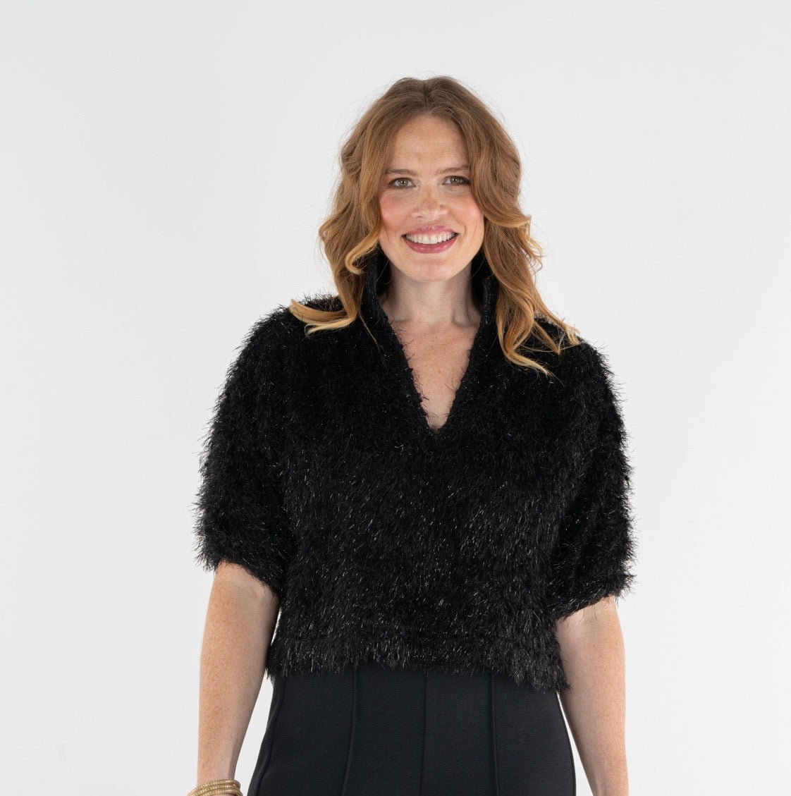 Estelle Top Black Tie Feather Fringe