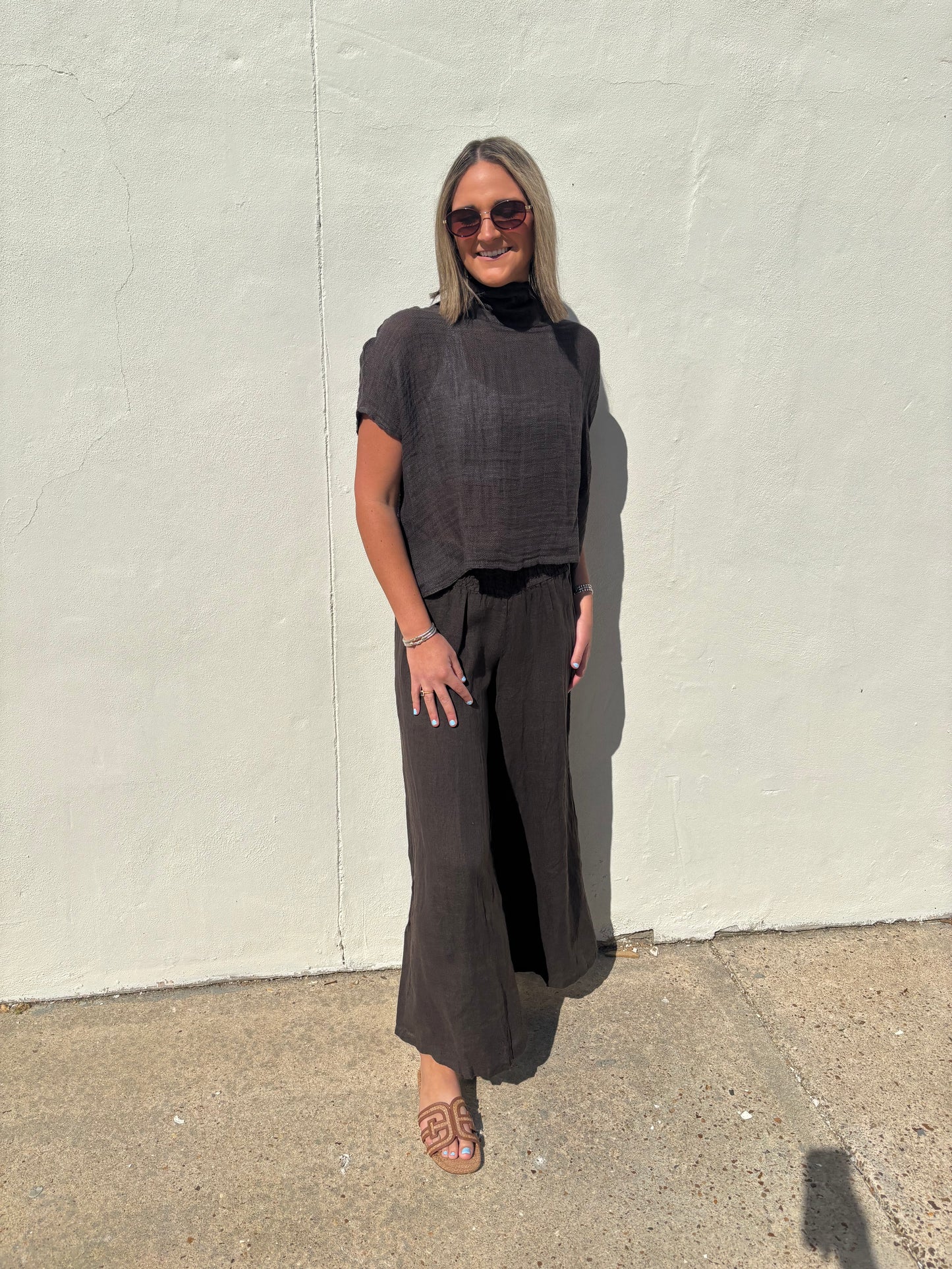 Brown Wide Leg Linen Pants