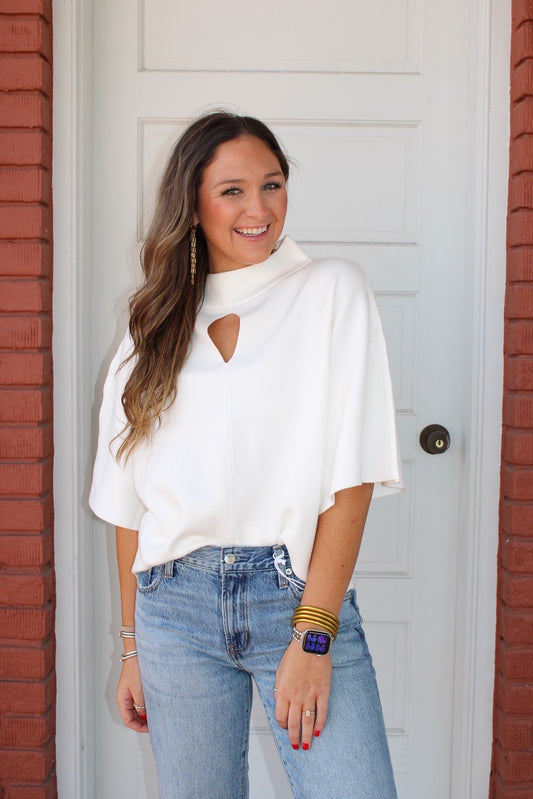 Teardrop Keyhole Mock Neck Knit Top