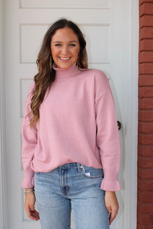 High Neck Ruffle Sweater Dusty Pink