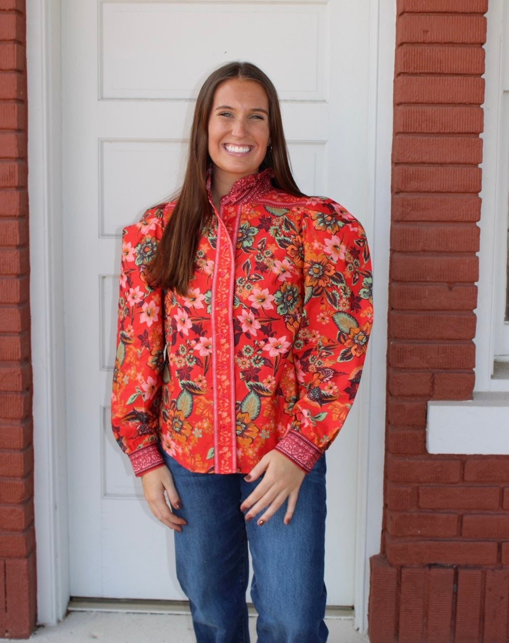 Red Floral Ruffle Nekck Top