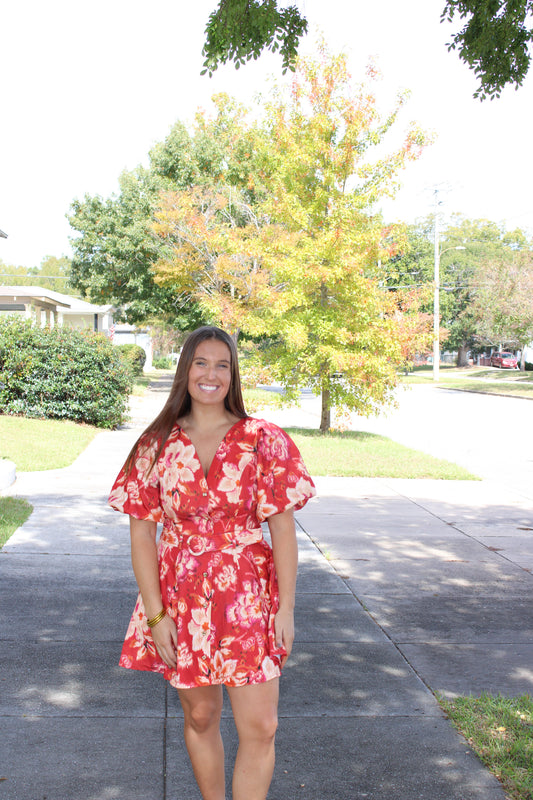 Fiery Red Floral Print Mini Dress