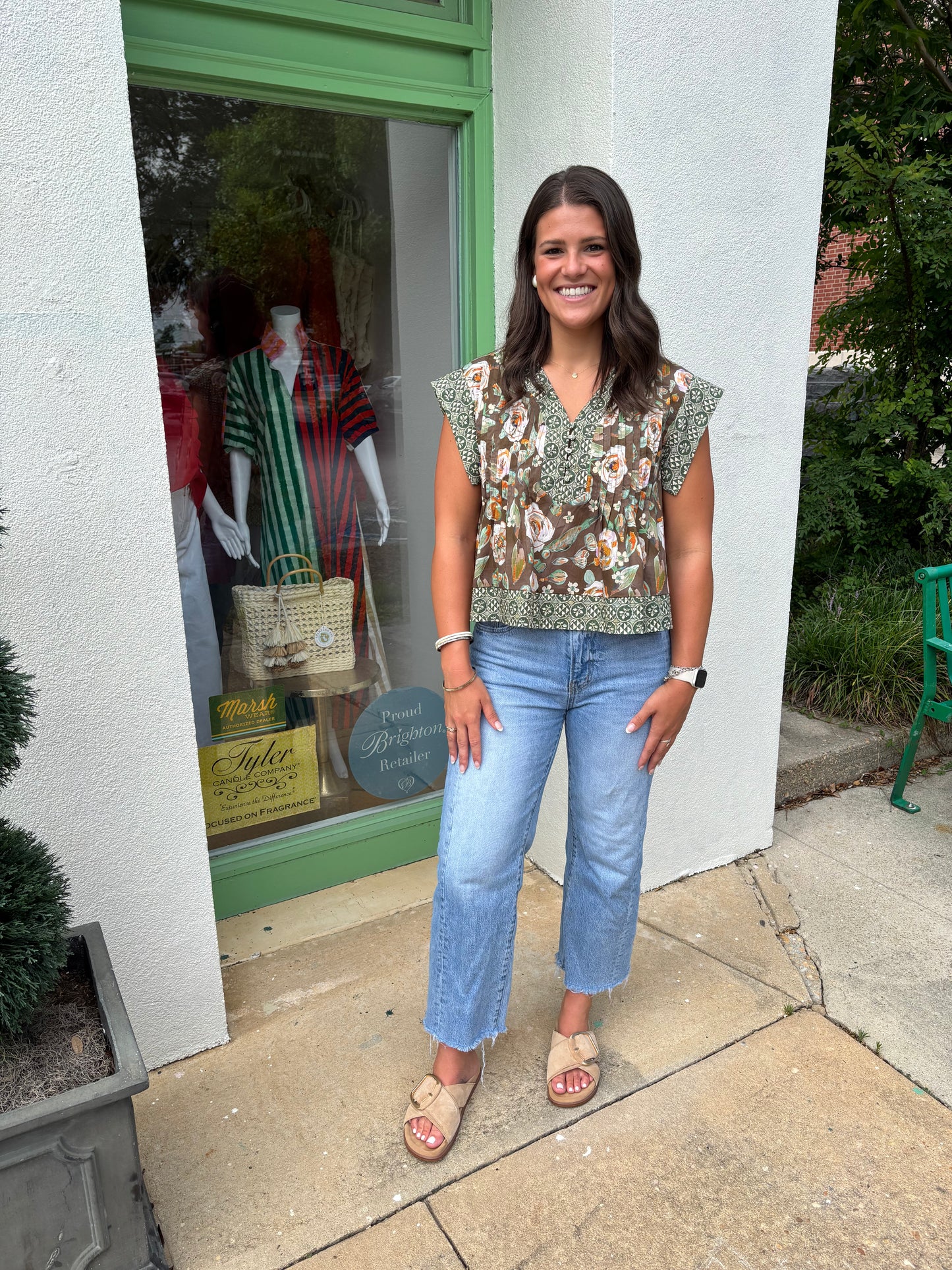 Brown Quilted Floral Button Top