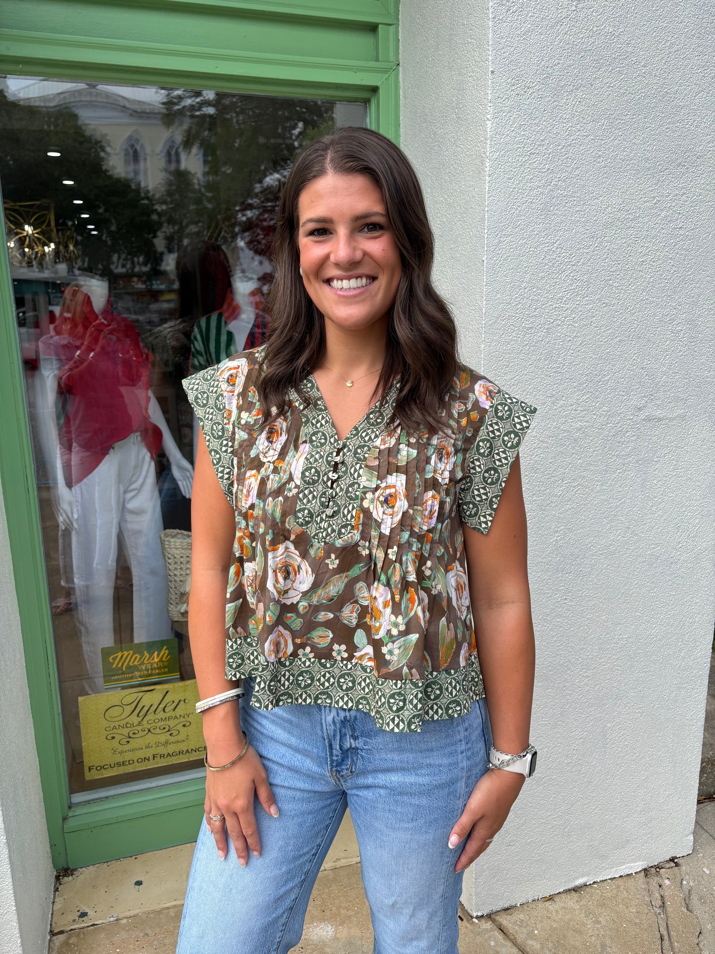 Brown Quilted Floral Button Top