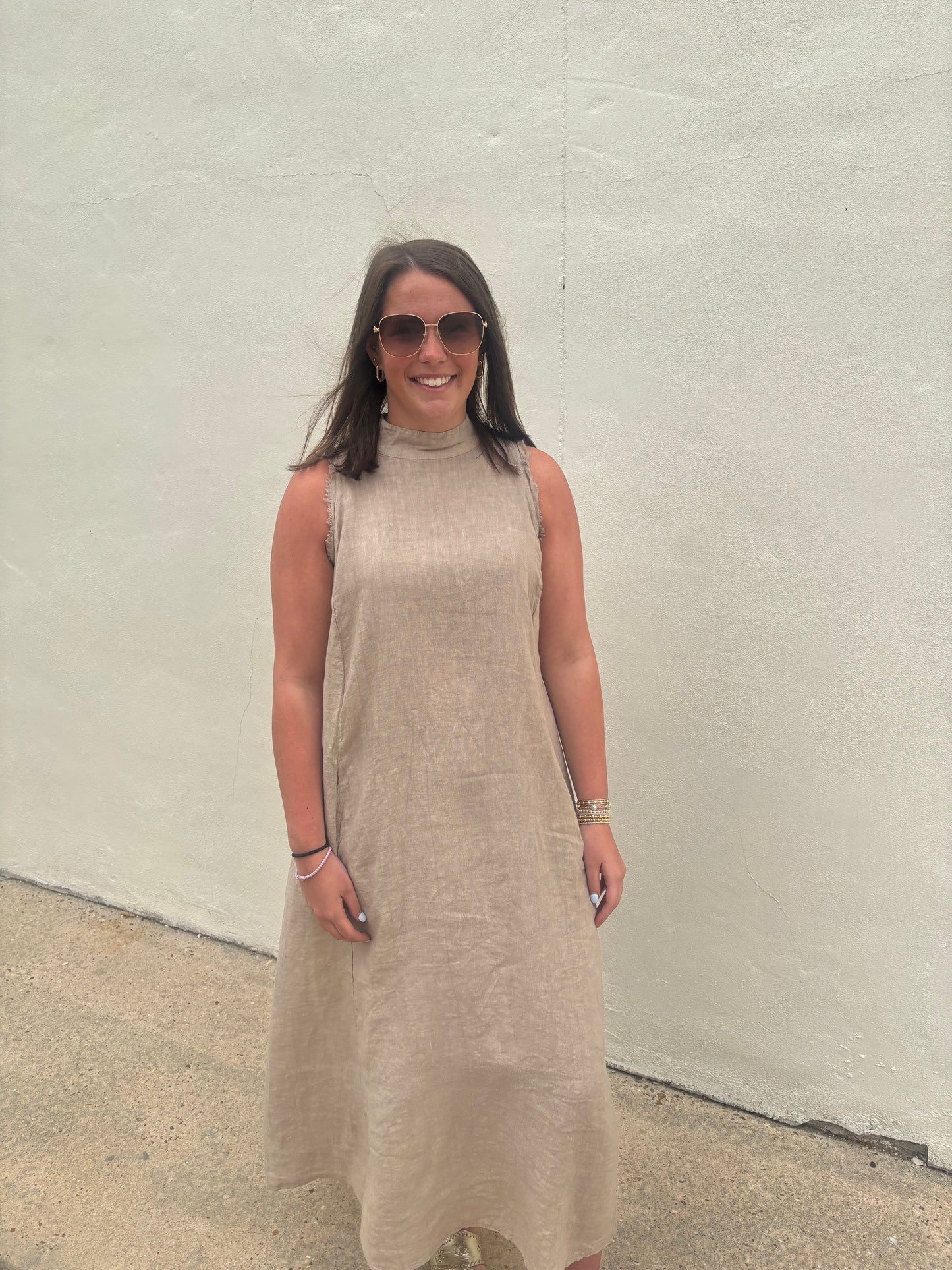 Linen Mock Neck Maxi Beige
