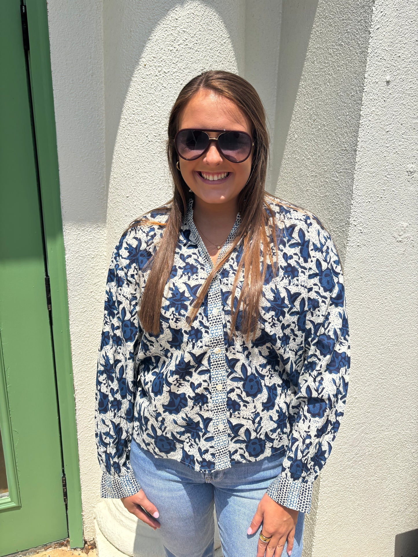 Blue Long Sleeve Print Top