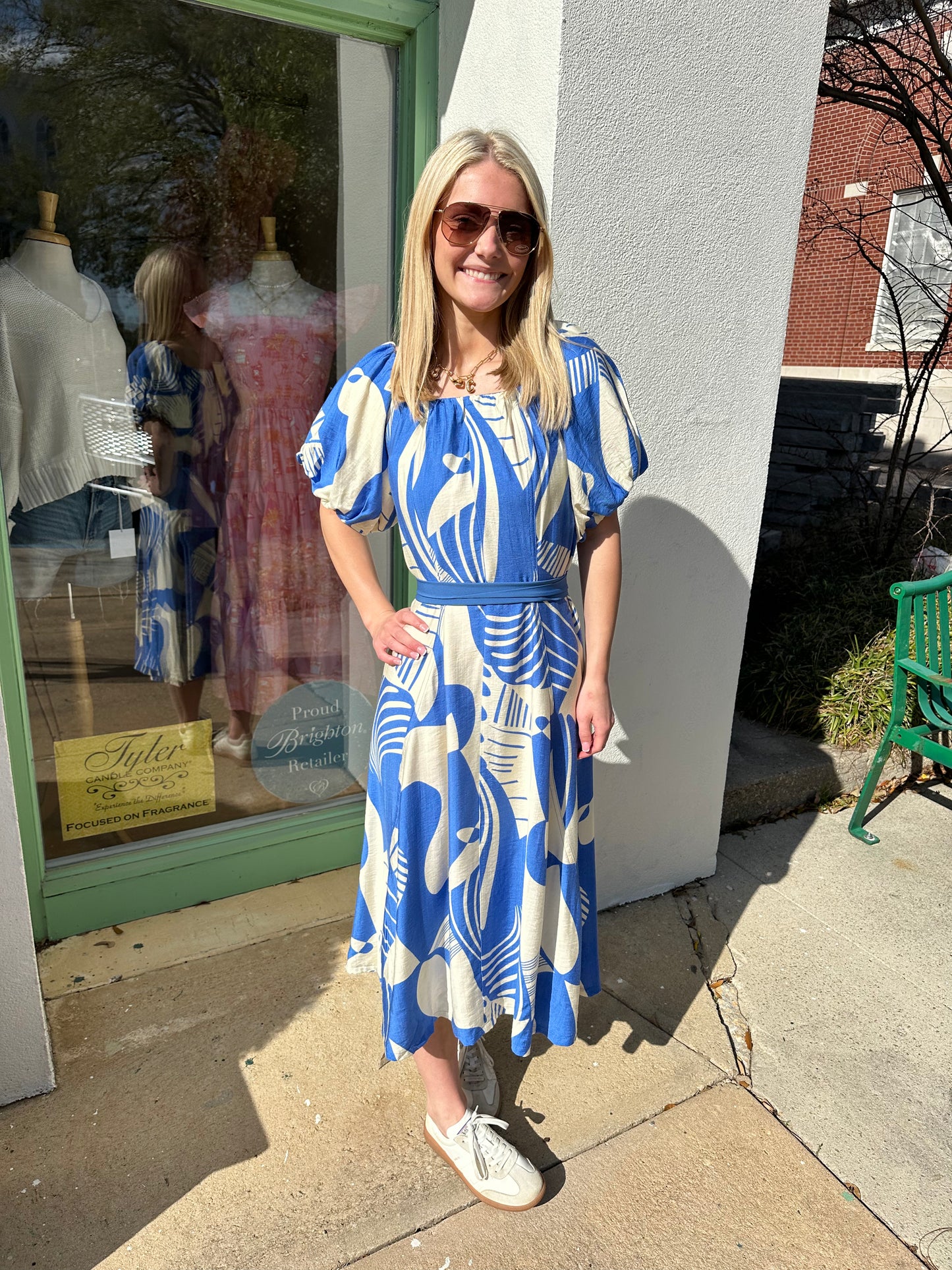 Blue Deco Flared Midi Dress