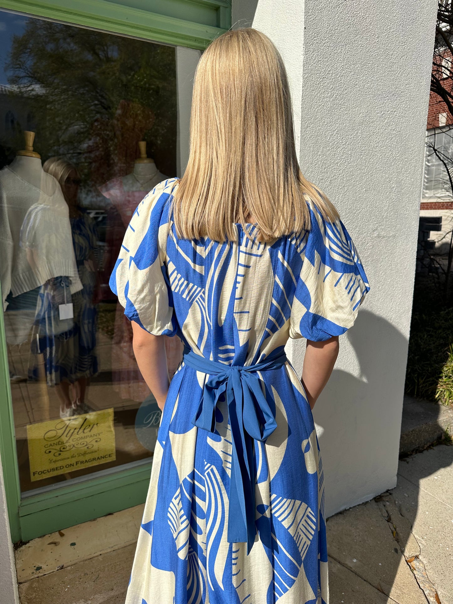 Blue Deco Flared Midi Dress