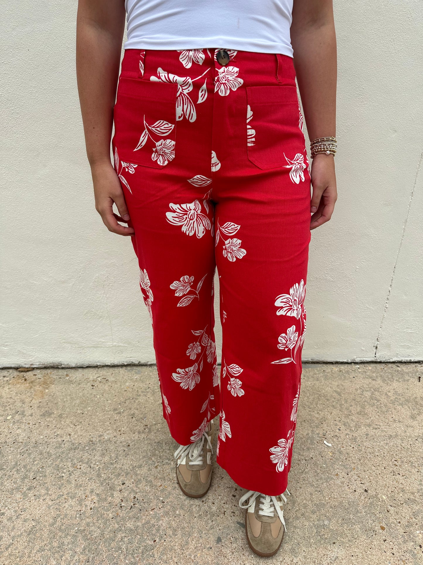 Red Colette Cropped Wide-Leg Flower Pants