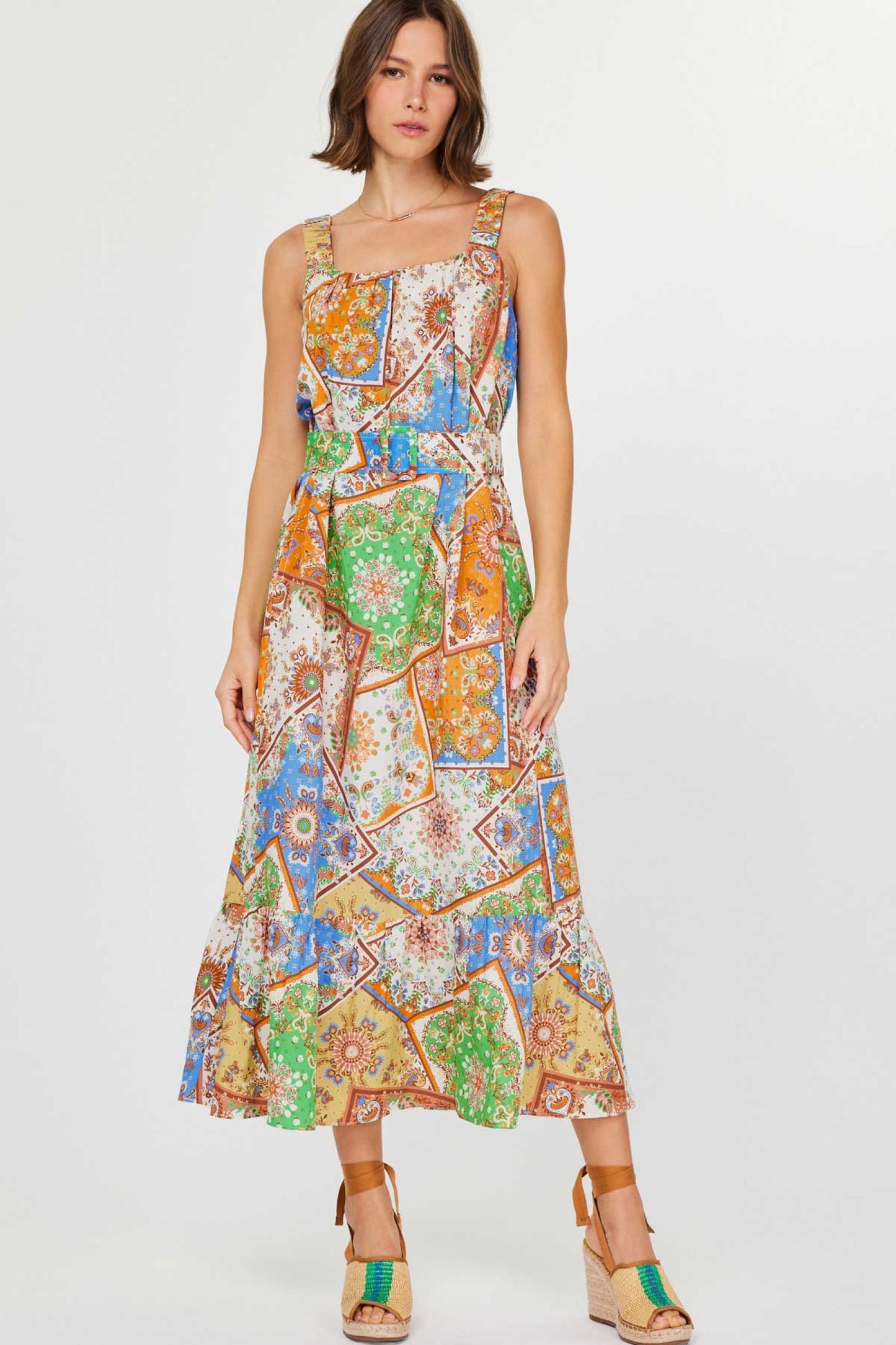 Belted Square Neck Multi Midi