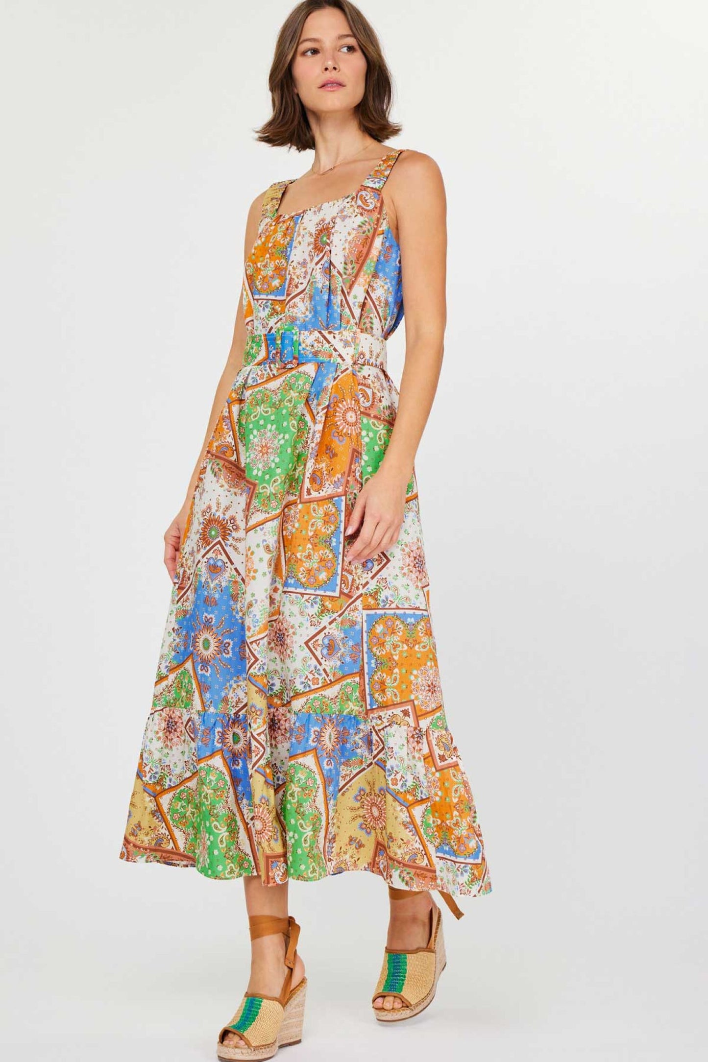 Belted Square Neck Multi Midi