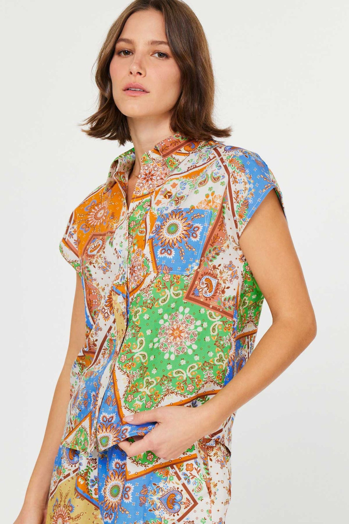 Bandana Cap Sleeve Button Down Blouse