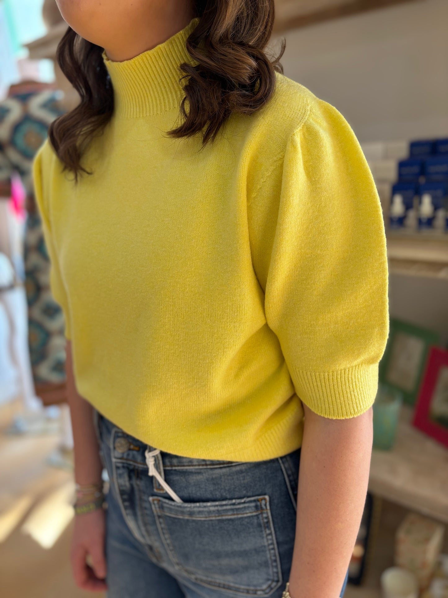 Mock Neck Bubble Shoulder Top - Yellow