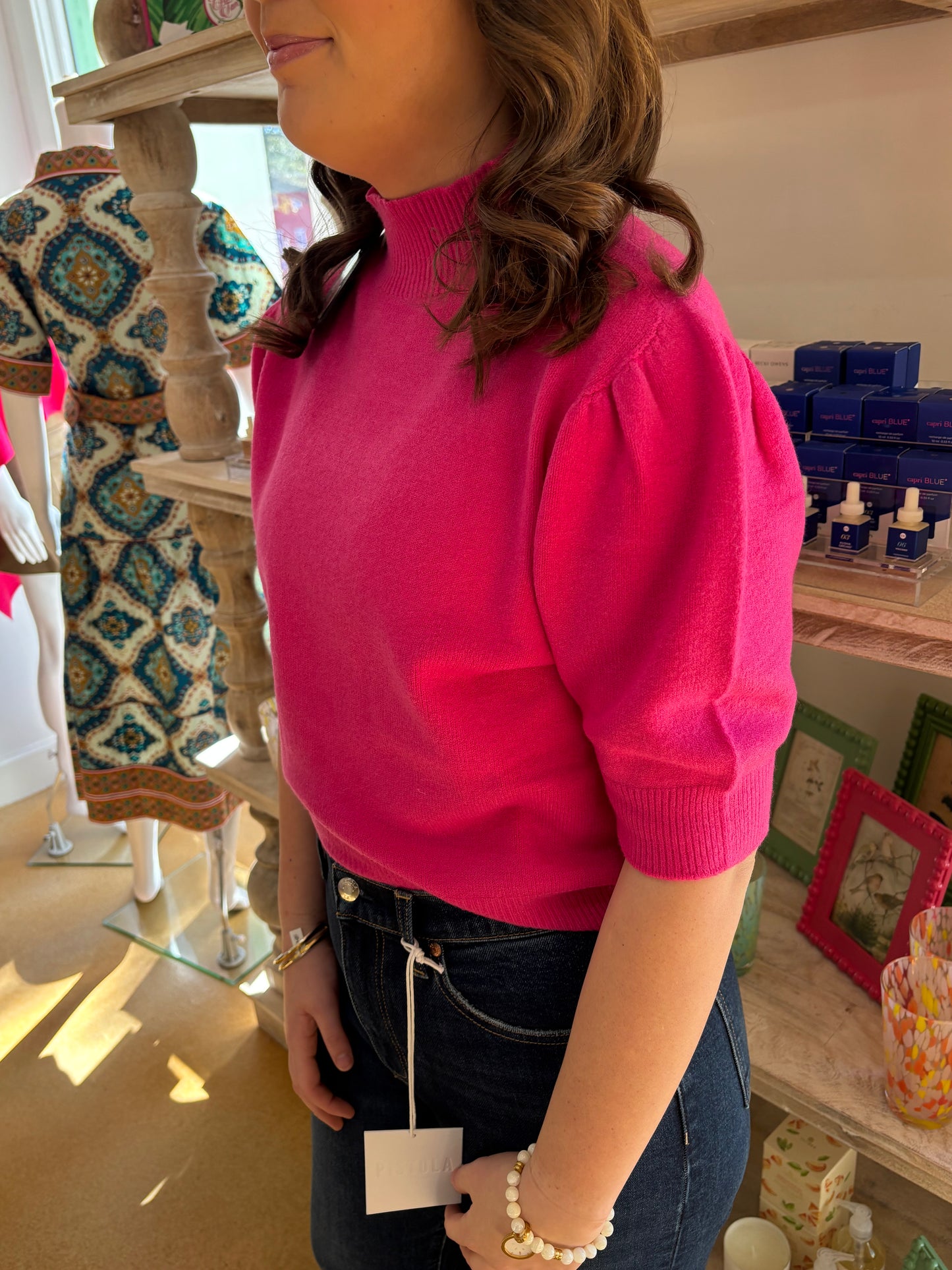 Mock Neck Bubble Shoulder Knit Top - Fuchsia