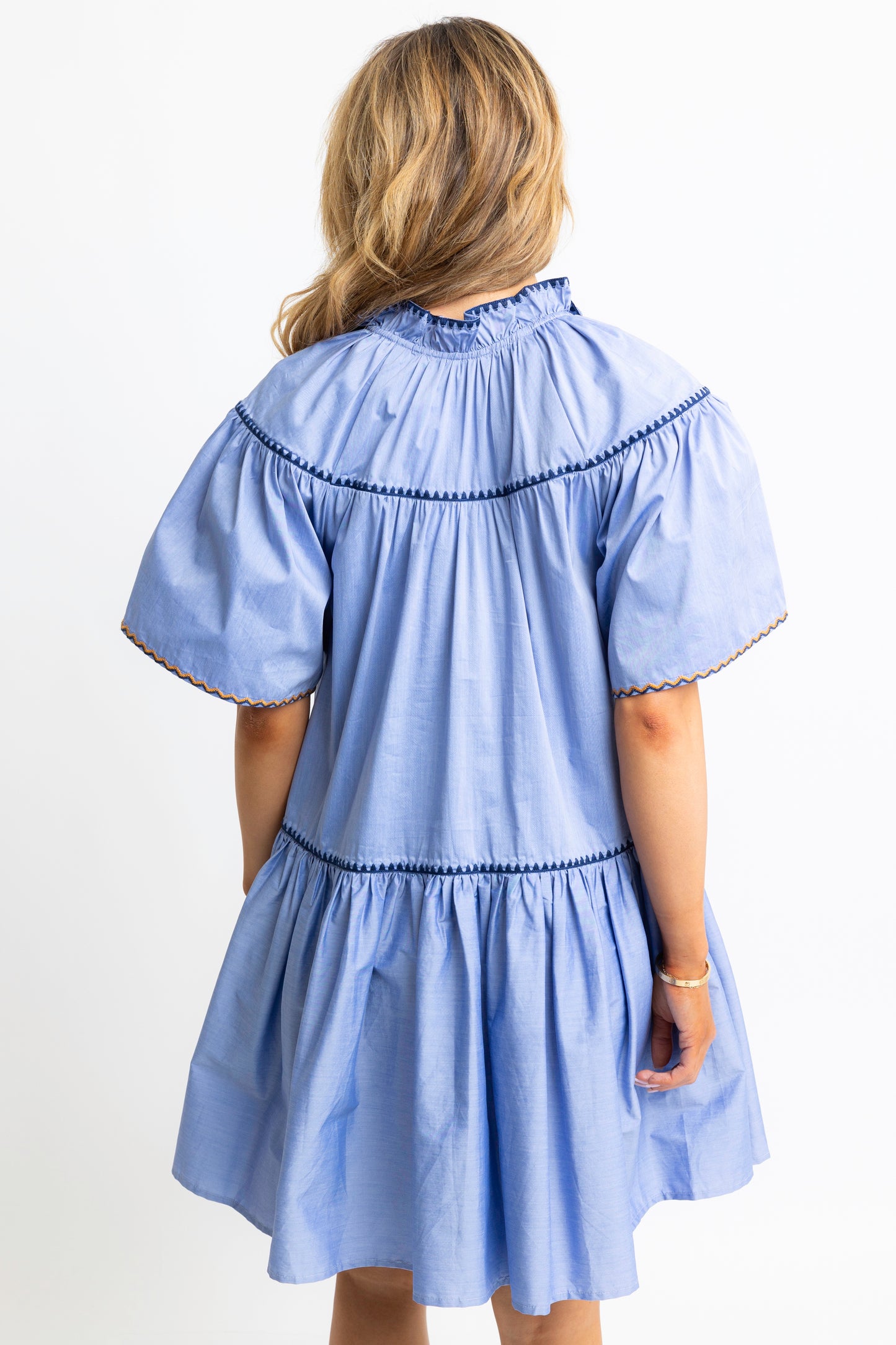 Embroidered Trim Tier Dress Blue