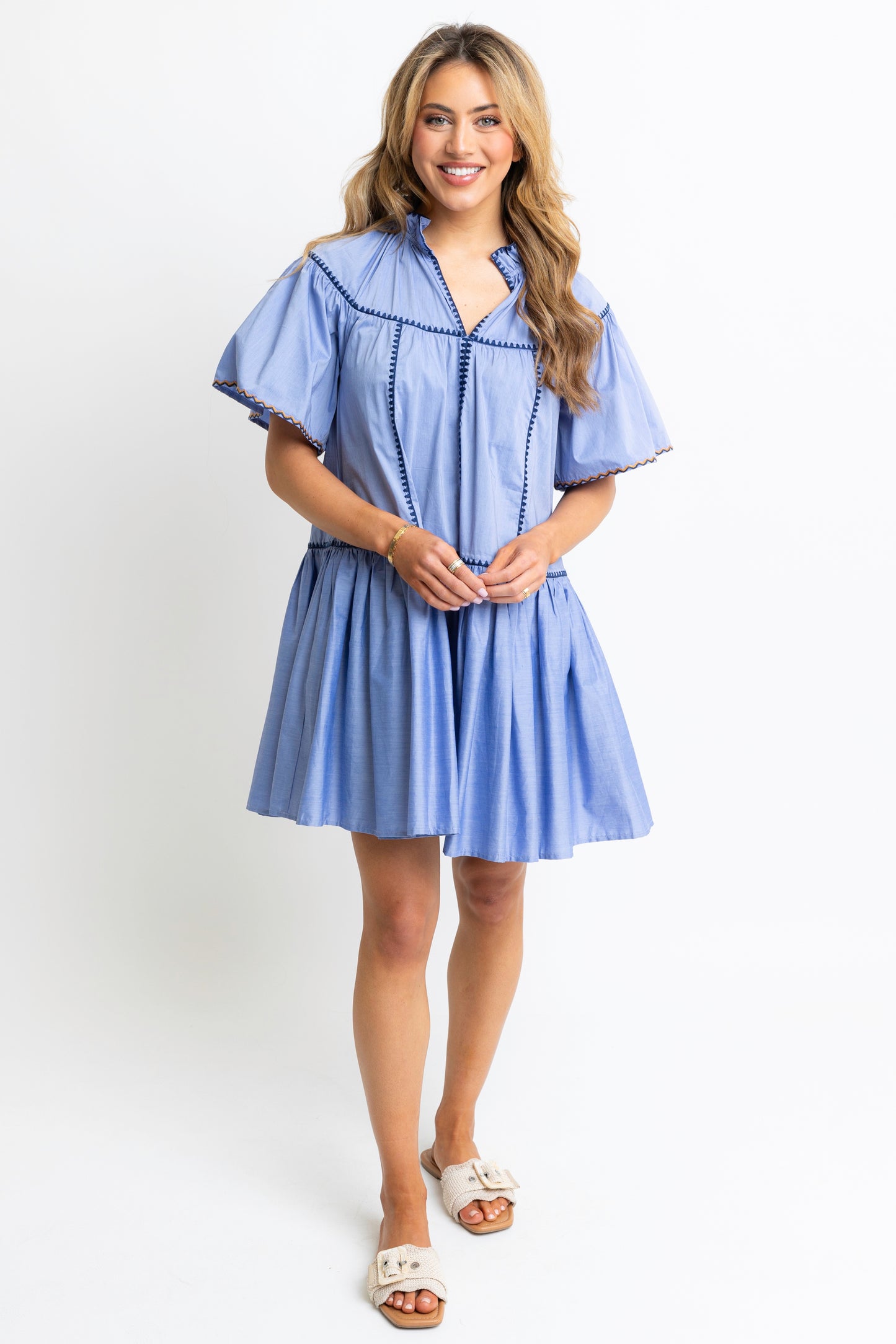 Embroidered Trim Tier Dress Blue