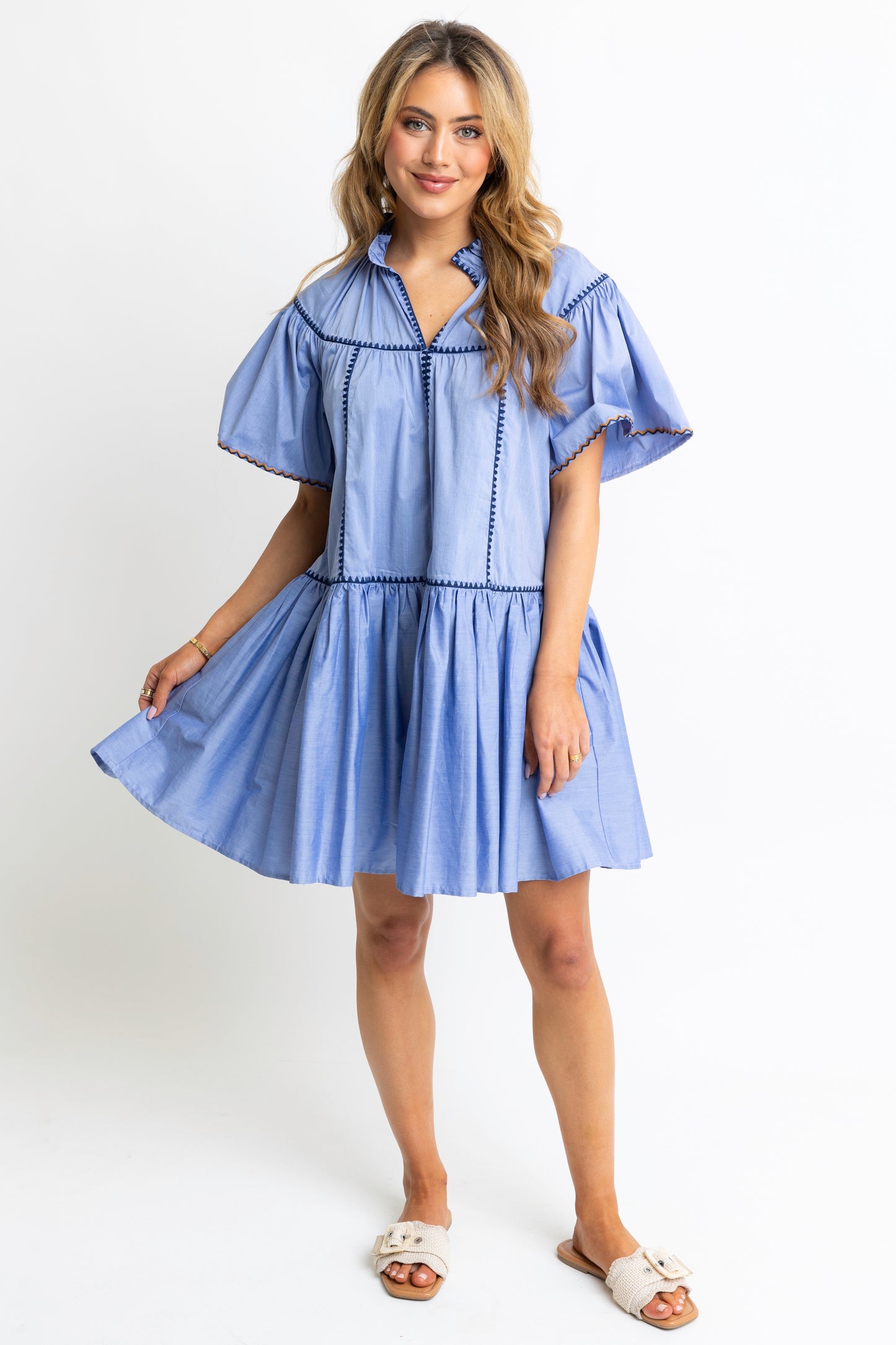 Embroidered Trim Tier Dress Blue