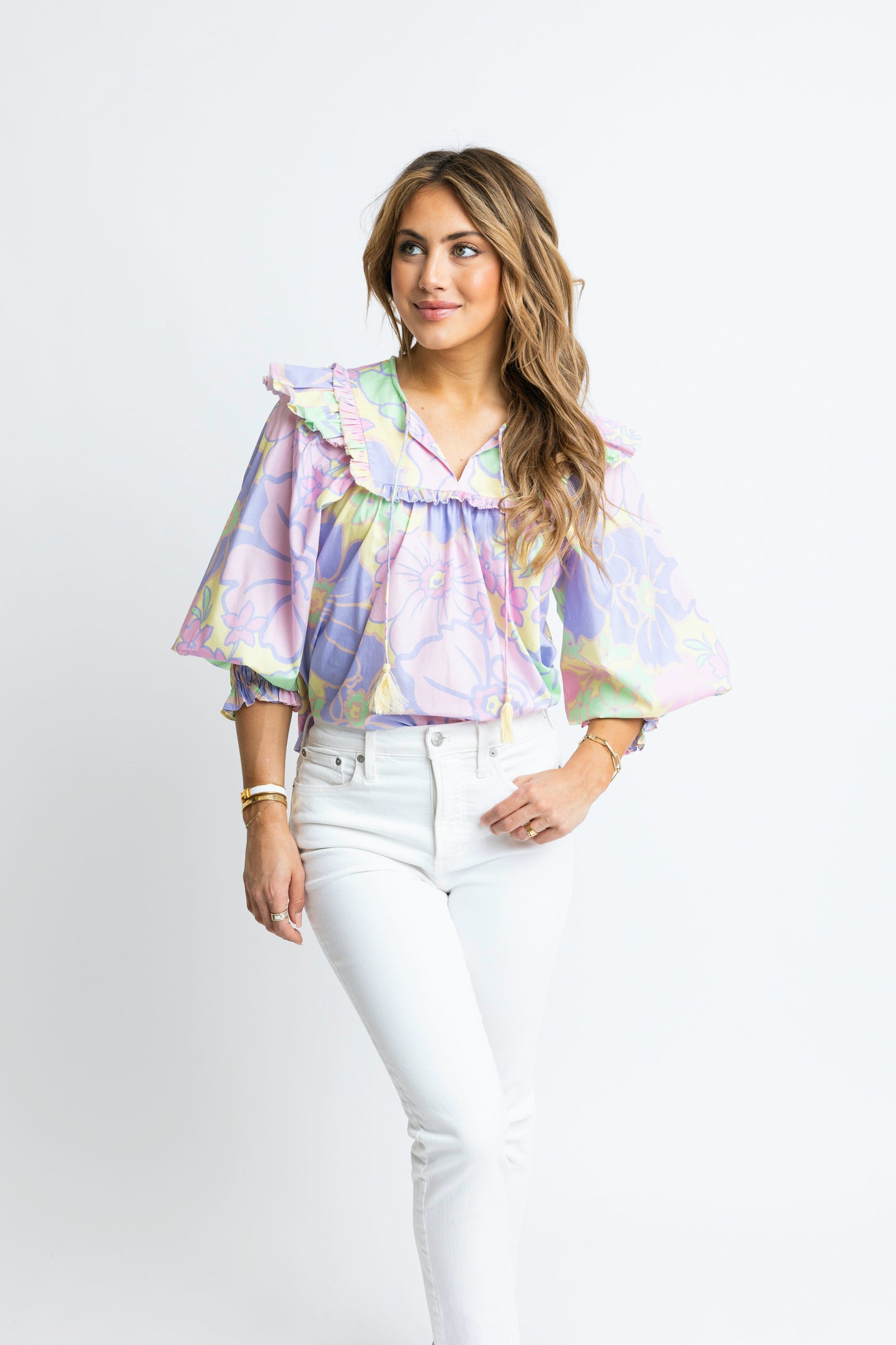 Pastel Large Floral Poplin Ruffle Top