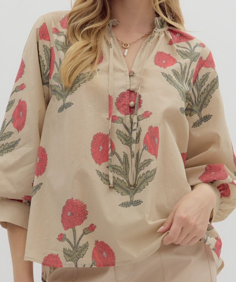 Ecru Floral Bubble Sleeve Top