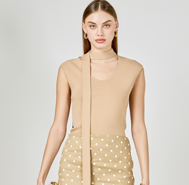 Khaki Neck Tie Knitted Top