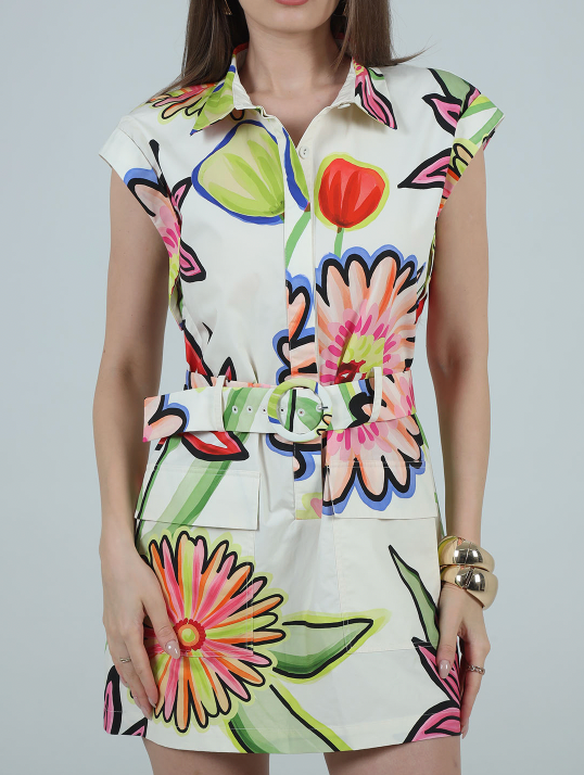 ARIANNA PRINTED COLLARED NECKLINE CAP-STYLE SLEEVES DRESS