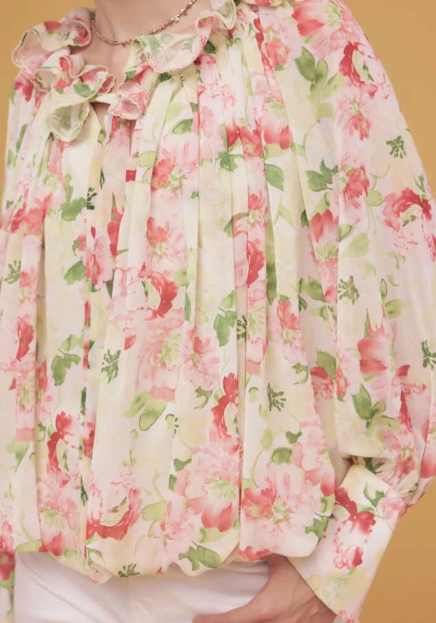 Floral Print Picot Stitch Detail Blouse