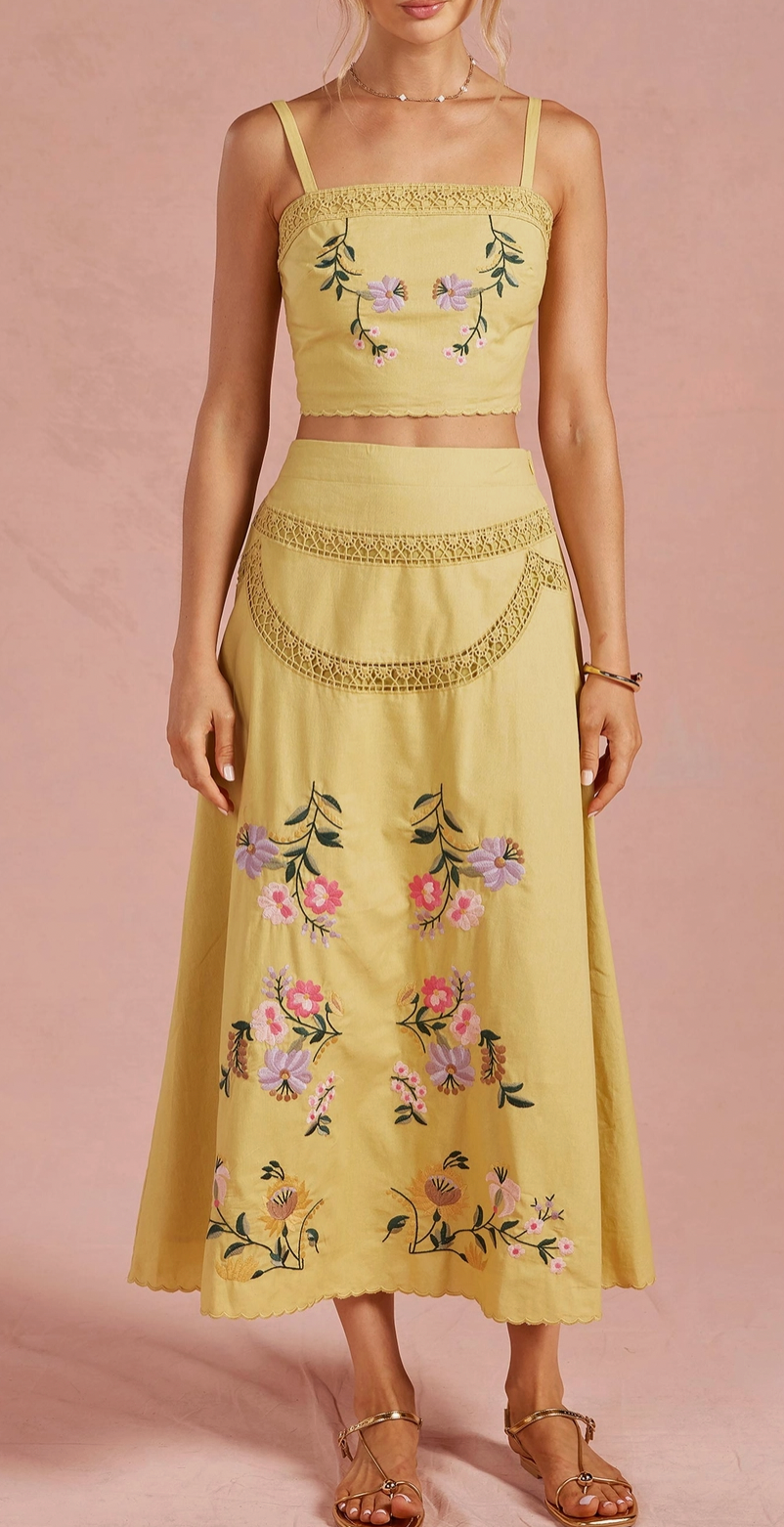 Yellow Iris Embroidered Skirt Set