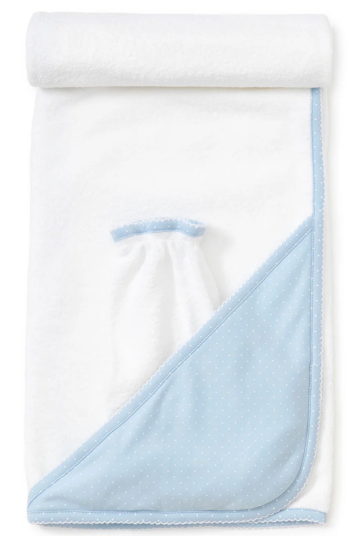 Blue/White New Kissy Dots Hooded Towel & Mitt Set