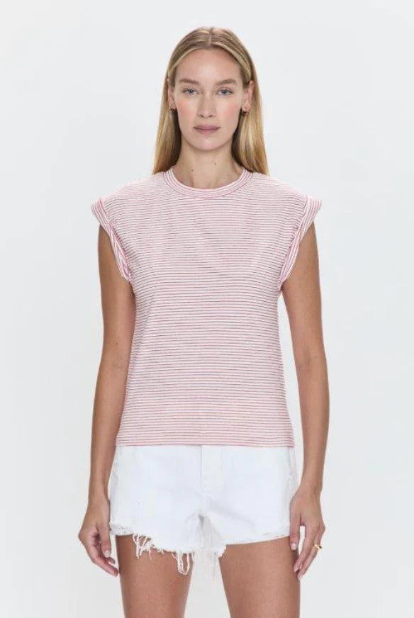 Olivia Rolled Sleeve Tee White/Ruby Stripe Pistola